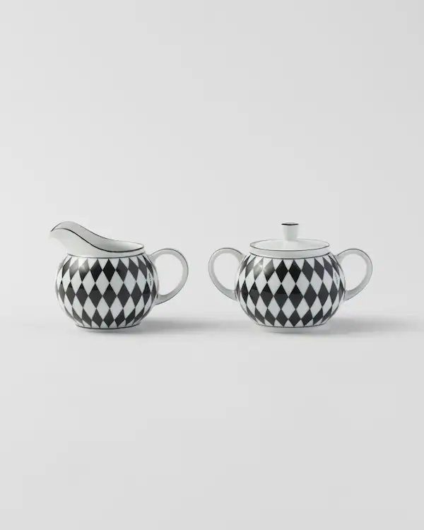 Juego de jarra de leche y azucarero de porcelana - Cuadriculado