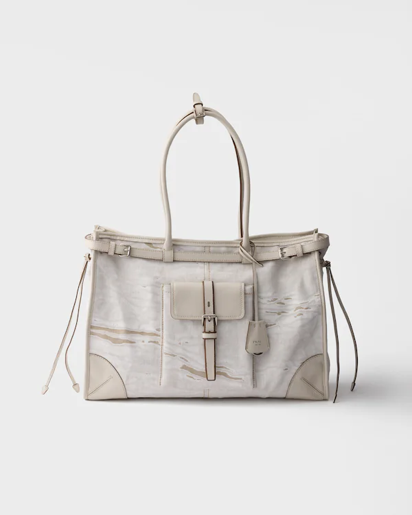 Bolso bandolera de lino estampado y cuero Prada Bonnie