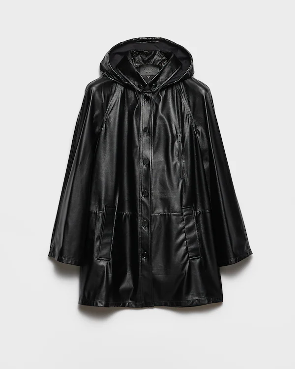 Chaquetón de cuero napa y tejido con capucha