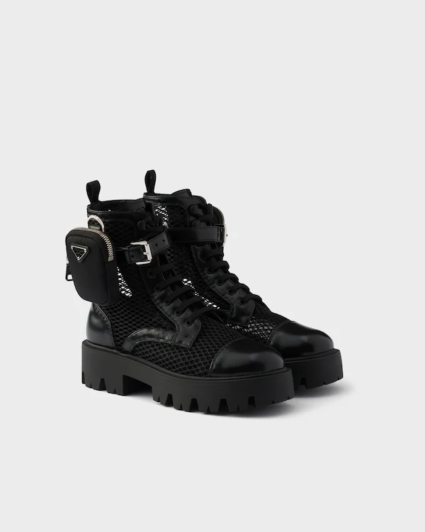 Botines de tejido de malla y cuero cepillado con bolsa